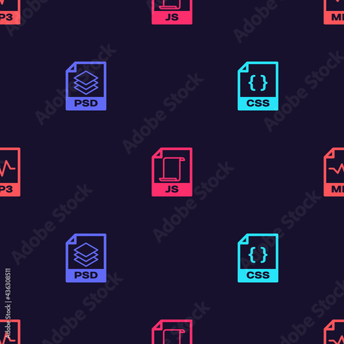Set CSS file document, PSD, JS and MP3 on seamless pattern. Vector