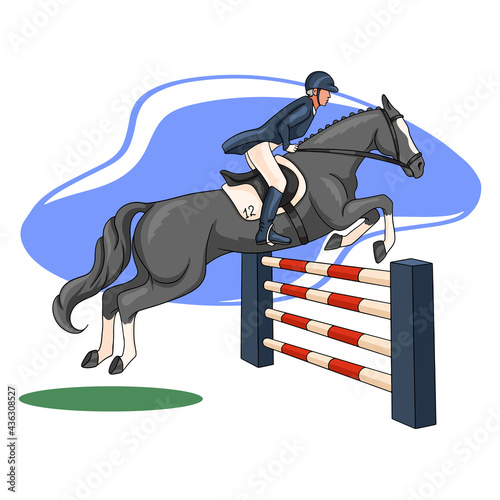 Horseback Riding Woman Riding a Horse Over an Obstacle in Cartoon Style