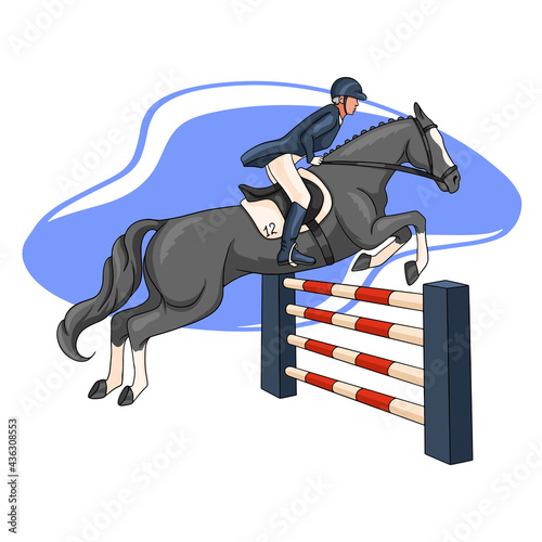 Horseback Riding Woman Riding a Horse Over an Obstacle in Cartoon Style