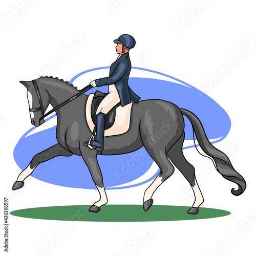 Horse Riding Woman Riding Dressage Horse in Cartoon Style