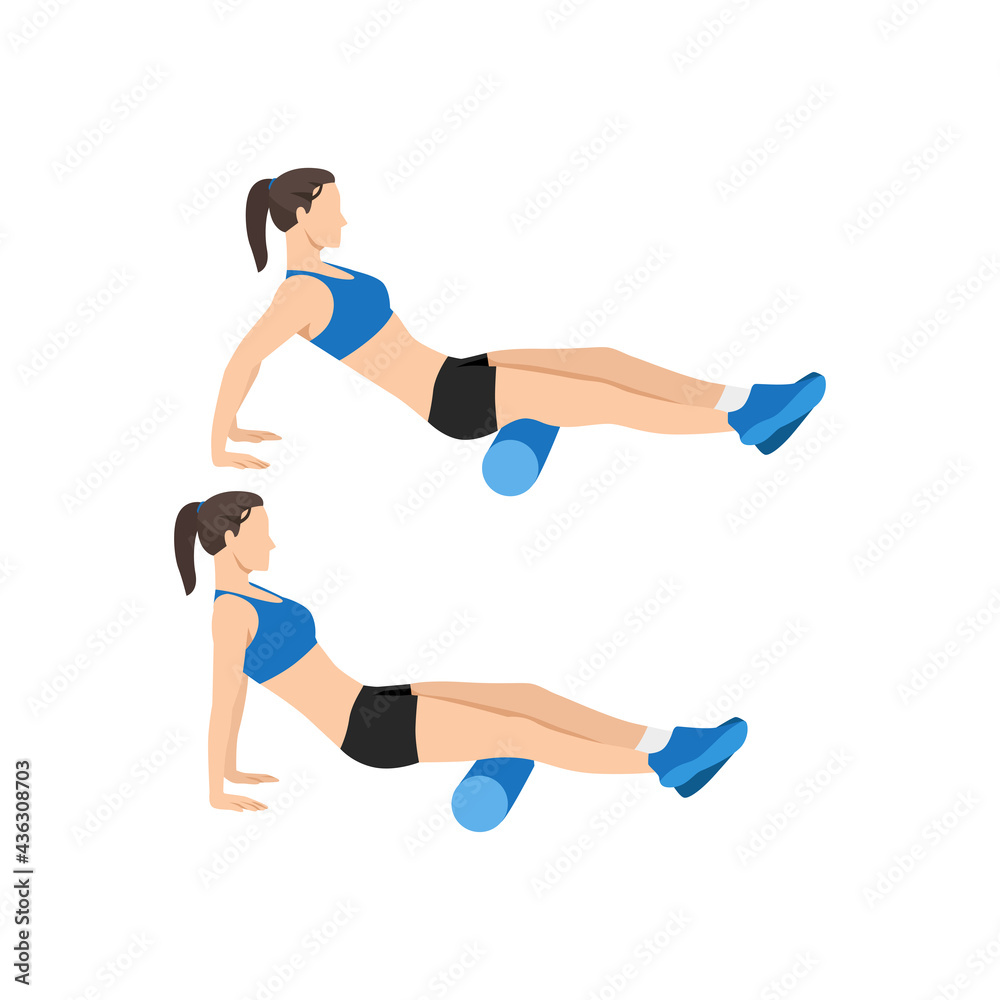 Woman doing Foam roller hamstring stretch exercise. Flat vector illustration isolated on white background