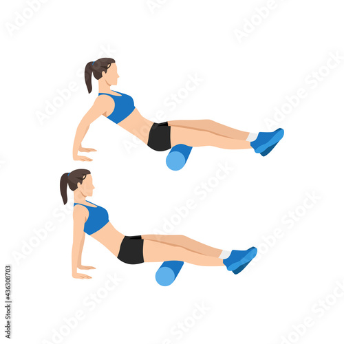 Woman doing Foam roller hamstring stretch exercise. Flat vector illustration isolated on white background © lioputra