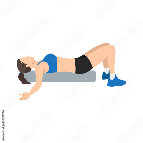 Woman doing Foam roller chest opener stretch exercise. Flat vector illustration isolated on white background