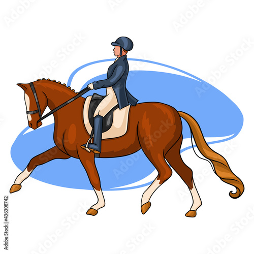 Horse Riding Woman Riding Dressage Horse in Cartoon Style