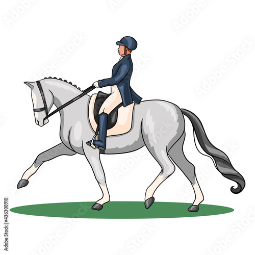 Horse Riding Woman Riding Dressage Horse in Cartoon Style