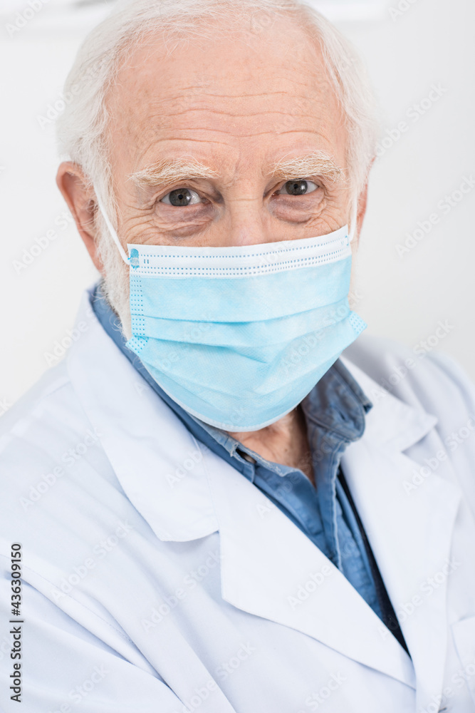 portrait of senior doctor with grey hair in white coat and medical mask on grey background. portrait of senior doctor with grey hair in white coat and medical mask on grey background.