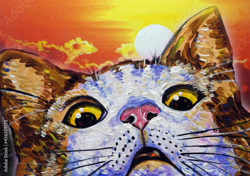 meaow , Hand drawn Modern , Art painting Oil color ,  surprised  cat  , Palette and paintbrush ,from gallery in Thailand