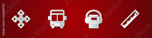 Set Pixel arrows in four directions, Bus, Audio book and Ruler icon. Vector