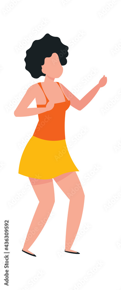 Happy young woman enjoying dance. Cartoon dancing female character. Girl resting at disco party. Isolated moving person. Dancer having fun at musical festival. Vector celebrate holiday Happy young woman enjoying dance. Cartoon dancing female character. Girl resting at disco party. Isolated moving person. Dancer having fun at musical festival. Vector celebrate holiday
