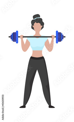 Woman exercising. Cartoon female lifting barbell. Character training with sport equipment. Sportsman raising weights in gym. Bodybuilding or fitness workout. Vector active lifestyle