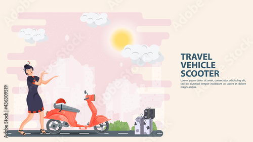 Flat style cartoon illustration for design decoration a girl in Chinese national costume advertises a travel scooter