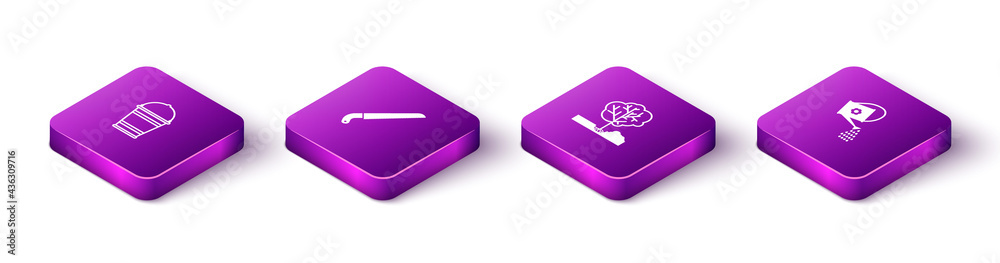 Set Isometric Bucket, Garden saw, Planting tree in the ground and Watering can icon. Vector Set Isometric Bucket, Garden saw, Planting tree in the ground and Watering can icon. Vector