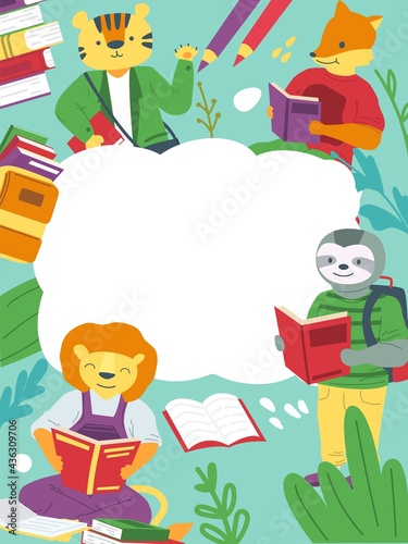 Animals and books. Cartoon schoolchildren studying. Banner with copy space. Sloth or lion reading textbooks. Kids education. Cute frame template. Vector tiger and fox go back to school