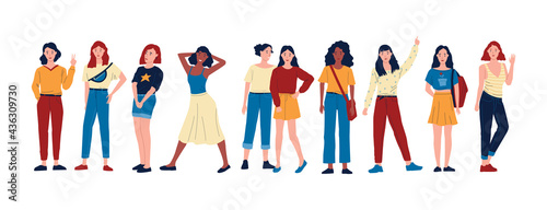 Diverse women. Cartoon group of happy female characters standing together in different poses. Girls friendship. Young persons with greeting gestures. Vector multiracial friends set