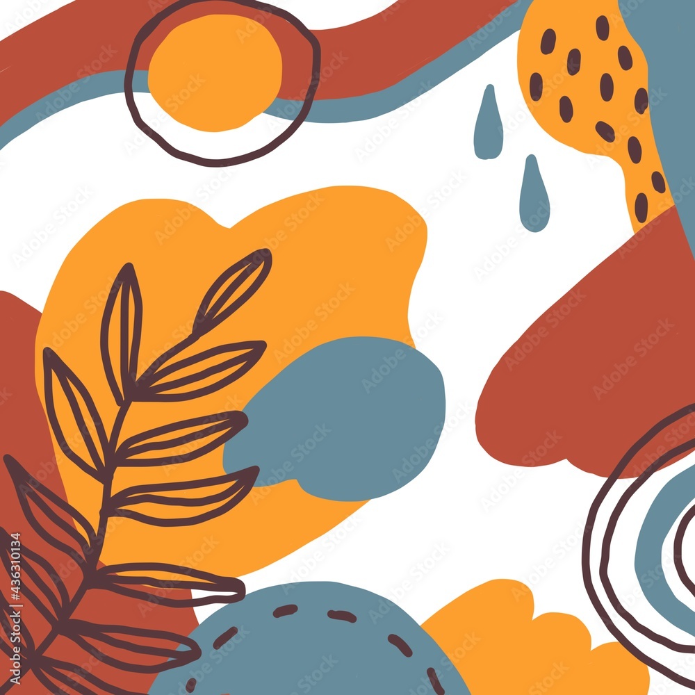 Naklejka premium Botanical set. Foliage line art drawing with abstract shape.