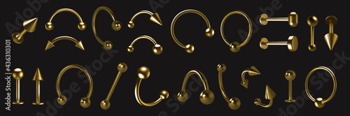 Golden piercing. Realistic luxury metallic body decoration with cones and balls. 3D earrings set. Pierce rings or barbells. Isolated metal jewelry. Vector accessories with light reflection