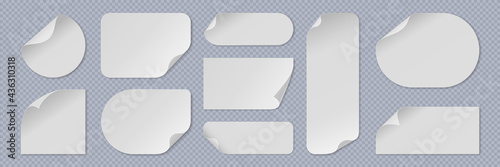 Curled paper sticker. Realistic white advertisement sheets with rolled corner. Curved round and square 3D notes with copy space. Blank pages set on transparent background. Vector labels