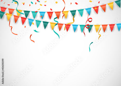 Party Background, with colorful Flags and confetti isolated white background. Vector Illustration