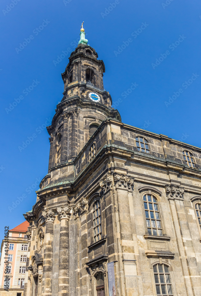 Tower of the historic Kreuzkirche church in Dresden, Germany