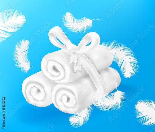 Towel background. Realistic folded cotton terry cloth. Heap of 3D soft textile napkins and falling white feathers. Fabric rolls tied with ribbon. Flying fluffy plumage. Vector toiletry
