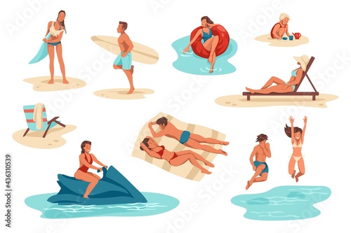 Summer people. Men and women at beach. Tourists sunbathe on sun loungers. Couple jump into water. Happy persons walk with surfboards. Children build sand castles. Vector rest by sea