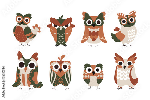 Owl characters. Cartoon baby birds with big funny eyes and colorful feathers. Isolated wild flying animals. Sign of wisdom. Cute angry, happy or surprised creatures. Vector owlets set © SpicyTruffel