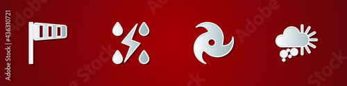 Set Cone windsock wind vane, Storm, Tornado and Cloudy with snow icon. Vector