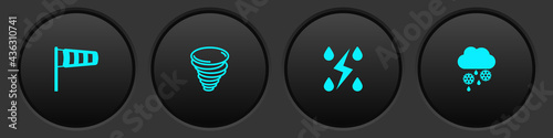 Set Cone meteorology windsock wind vane, Tornado, Storm and Cloud with snow and rain icon. Vector