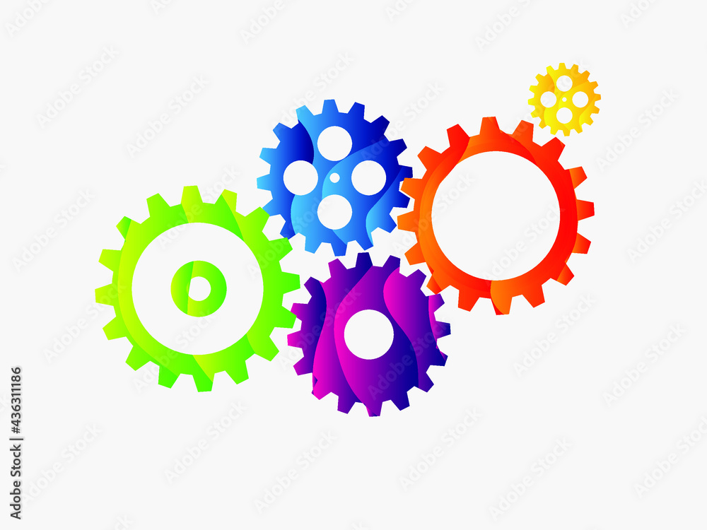 Abstract techno gear background with geometric colorful gear wheels. Space for gear text. Vector gears modern mechanism industrial concept. Technology gears background. Gears Vector illustration 