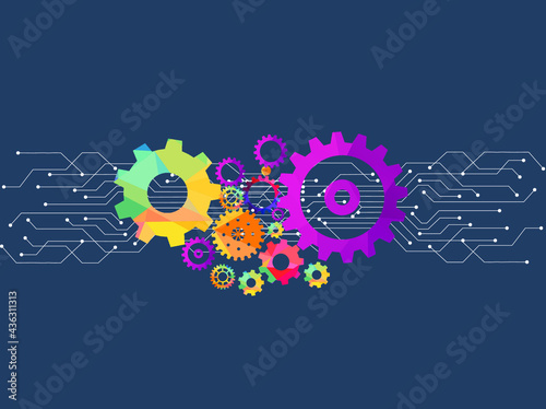 Abstract techno gear background with geometric colorful gear wheels. Space for gear text. Vector gears modern mechanism industrial concept. Technology gears background. Gears Vector illustration 
