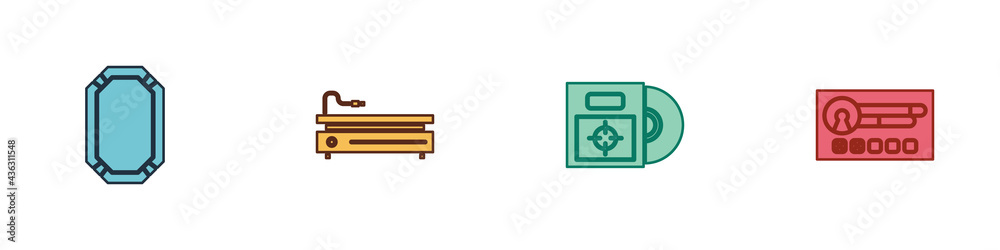 Set Poker table, Video game console, CD or DVD disk in box and Create account screen icon. Vector Set Poker table, Video game console, CD or DVD disk in box and Create account screen icon. Vector