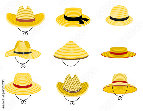 Farmers gardening hats. Summer traditional agriculture rural headdress. Asian japan hat, straw american cowboy hat and and female straw cap, yellow beach head accessory isolated on white background