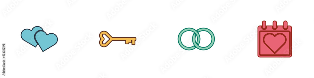 Set Heart, Key in heart shape, Wedding rings and Calendar with icon. Vector Set Heart, Key in heart shape, Wedding rings and Calendar with icon. Vector