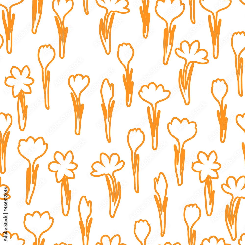 Spring flower crocus, saffron seamless pattern. Background for wrapping paper, textile, fabric, wallpaper, scrapbook, congratulation Easter, Mothers and Womens Day. Childish doodle stroking style