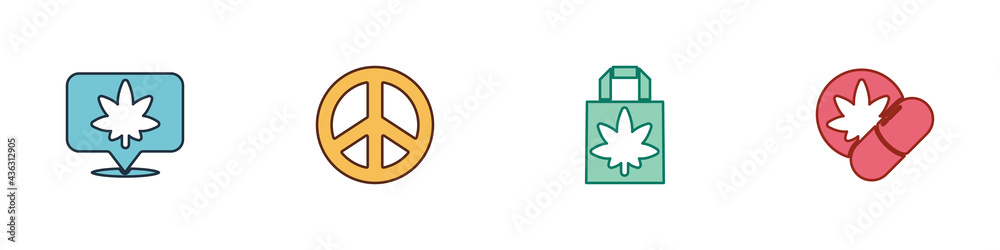 Set Location and cannabis, Peace, Shopping paper bag of marijuana and Herbal ecstasy tablets icon. Vector Set Location and cannabis, Peace, Shopping paper bag of marijuana and Herbal ecstasy tablets icon. Vector