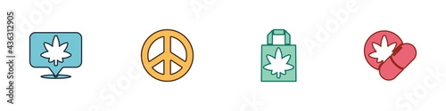 Set Location and cannabis, Peace, Shopping paper bag of marijuana and Herbal ecstasy tablets icon. Vector