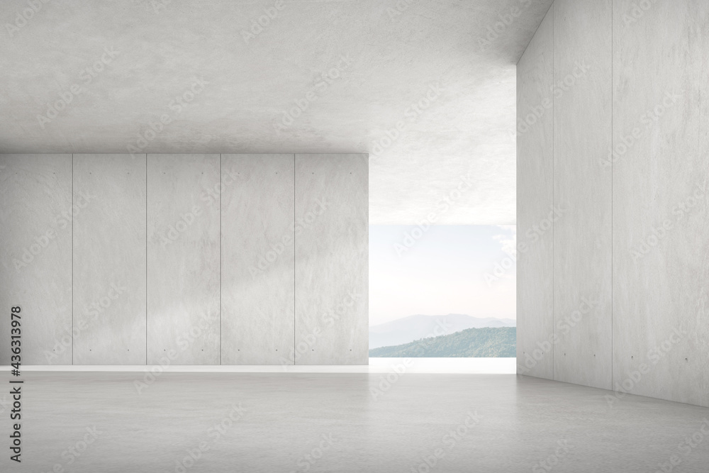 3d render of empty concrete room with large window on mountain background. 3d render of empty concrete room with large window on mountain background.