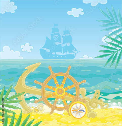 Pirate ship helm, an anchor, a compass and an old map of hidden treasures of filibusters on a sandy beach of a desert island in a tropical sea, vector cartoon illustration