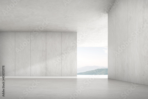 Fototapeta Naklejka Na Ścianę i Meble -  3d render of empty concrete room with large window on mountain background.