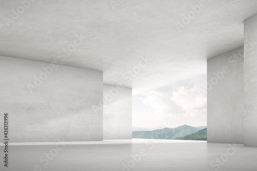 Fototapeta Naklejka Na Ścianę i Meble -  3d render of empty concrete room with large window on mountain background.