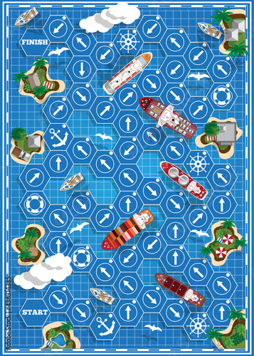 Board game on the sea theme. View from above. Vector illustration.