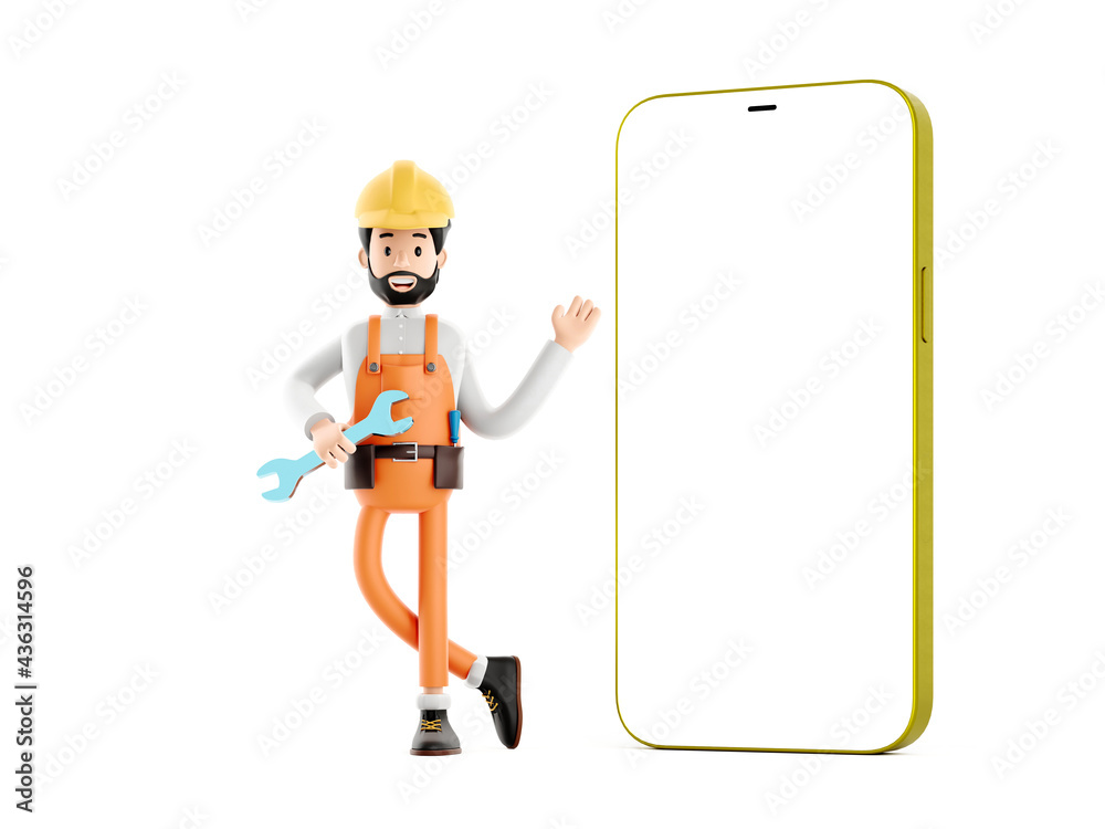 Builder mechanic cartoon character, funny worker or engineer repair phone  Stock Illustration | Adobe Stock