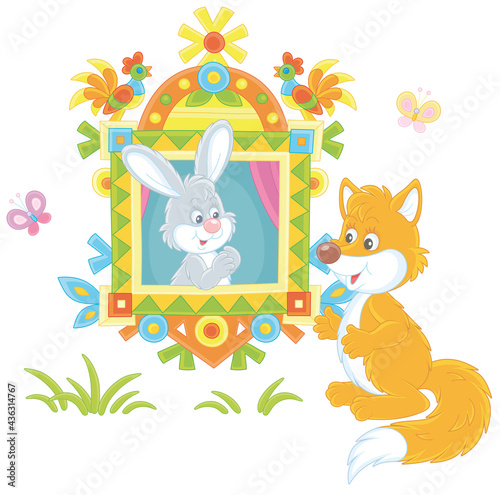 Sly red fox talking to a little grey hare looking out of a traditionally decorated window of a wood village log house from a fairytale, vector cartoon illustration isolated on a white background