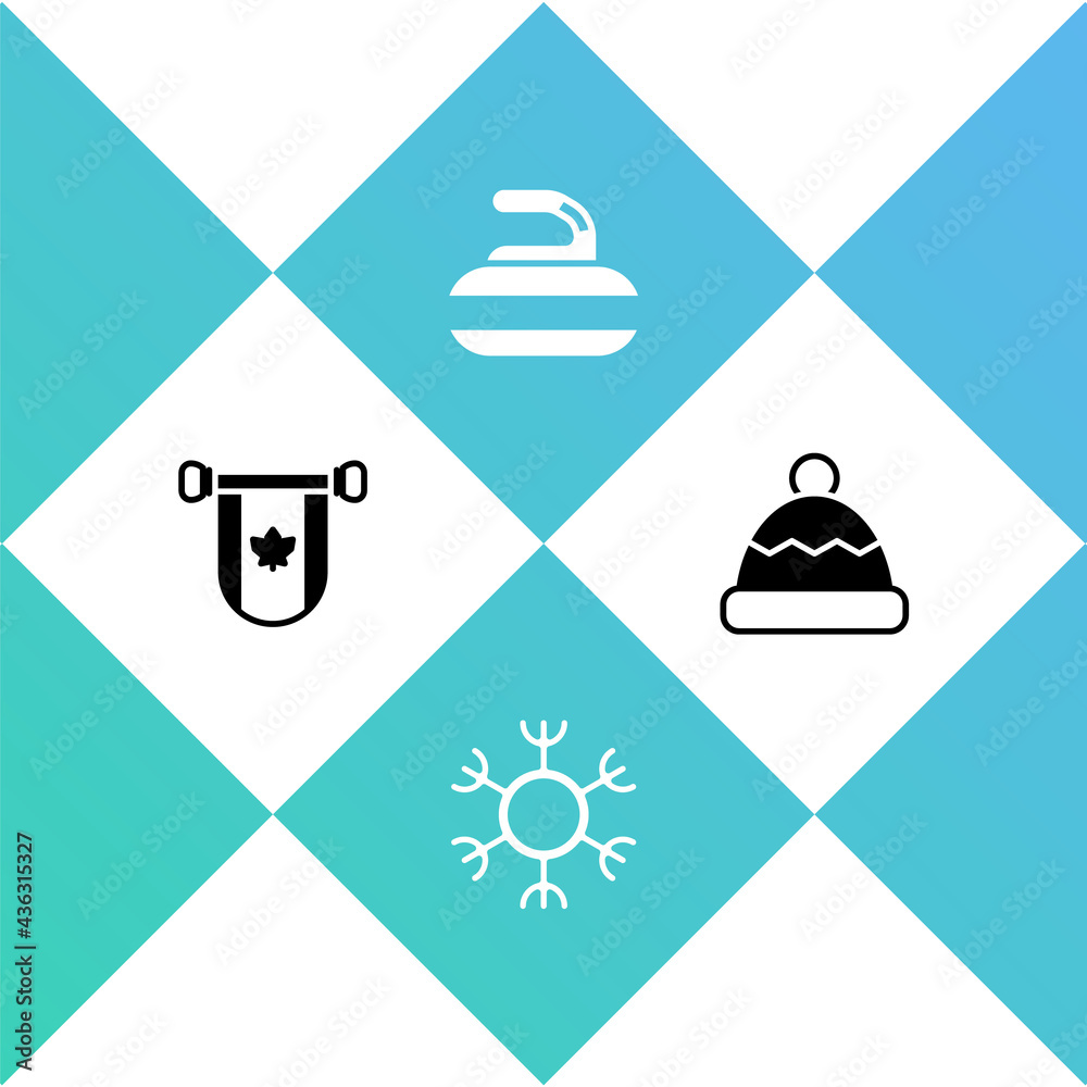 Set Pennant Canada, Snowflake, Stone for curling and Beanie hat icon. Vector Set Pennant Canada, Snowflake, Stone for curling and Beanie hat icon. Vector