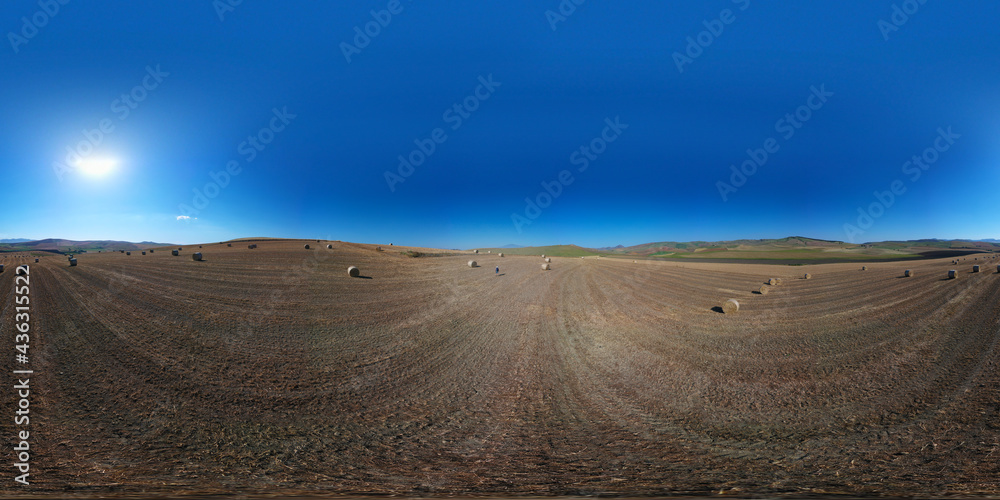 360 degree aerial photo of the wheat fields in the heart of Sicily in ...
