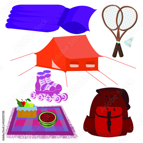 A set of summer items for travel: inflatable mattress, eyereed rackets, rayland, tourist tent, rollers, plaid, carzinka for a picnic with fruits, watermelon, sports backpack. Vector Stock Illustration