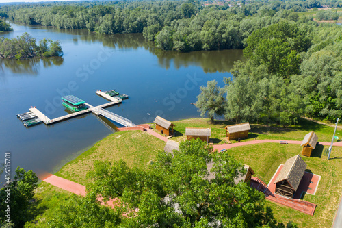 Aerial view of the boat pier on Sakadas Lake, Kopacki rit Nature Park, Croatia photo