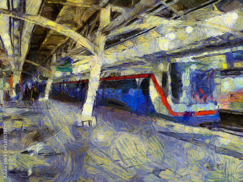 Landscape of the Skytrain Station Illustrations creates an impressionist style of painting. © Kittipong
