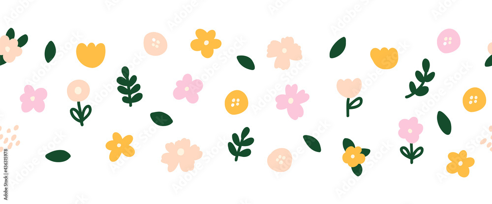 Horizontal white banner or floral backdrop decorated with multicolored blooming flowers and leaves seamless border. Spring botanical flat vector illustration on white background Scandinavian style.