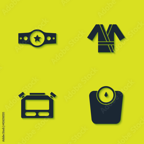 Set Boxing belt, Bathroom scales, Stopwatch and Japanese costume Kimono icon. Vector